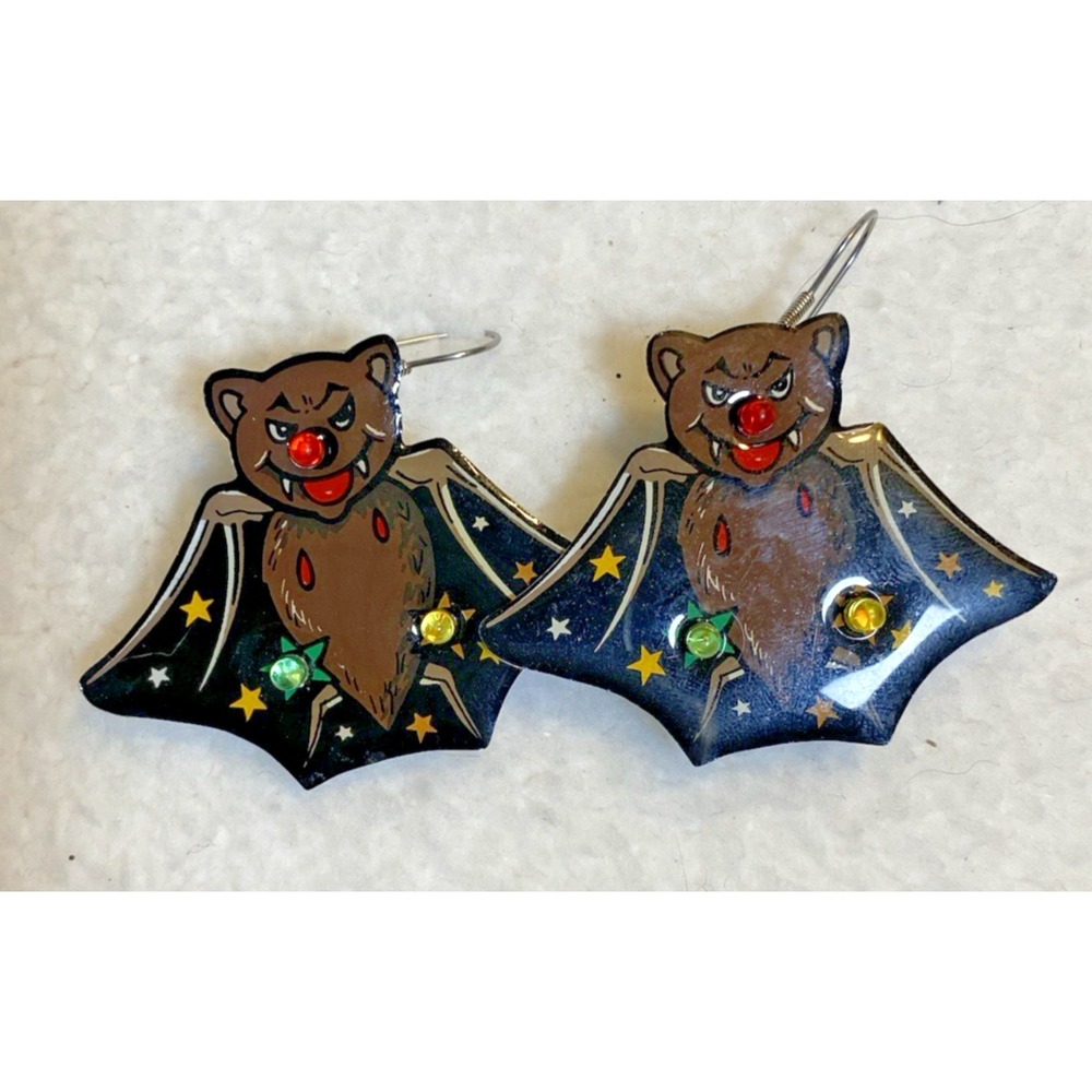Vintage Dangle Hanging LIGHT UP Evil Bat Earrings Cute Halloween New Batteries